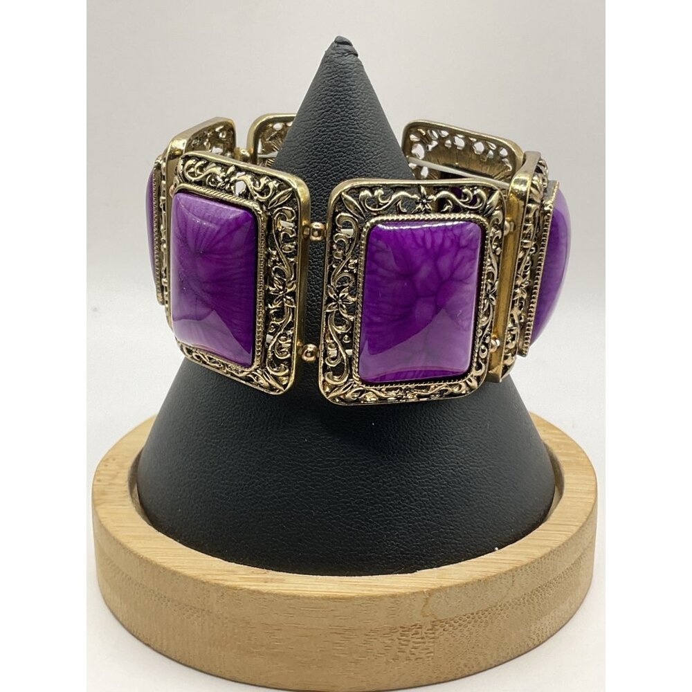 Vintage Purple Gemstone Stretch Bracelet With Gold Filigree Design